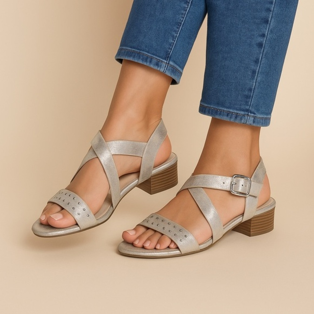 Relativity Silver Strappy Studded Sandals Low Heel Slingback Size 9 Comfort Chic